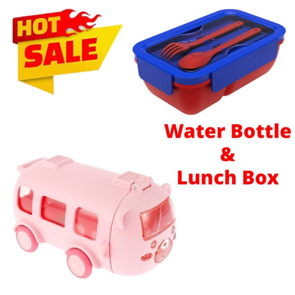 School Bus Portable Water Bottl & Mario Lunch Box with Spoon and Fork
