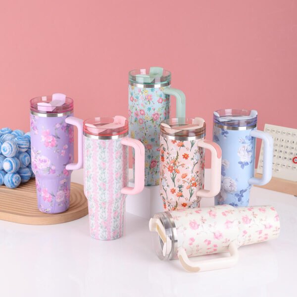Imported Floral Stainless Steel Insulated Tumbler with Handle Leakproof Lid and Straw 1180ml 40oz