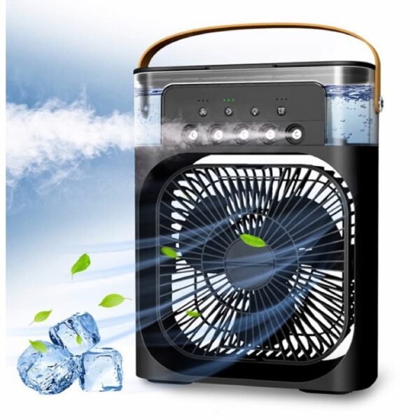 USB Mini Portable Air Cooler with 3 Wind Speed and 3 Spray Modes, Desktop Fan with a 7 colour LED light